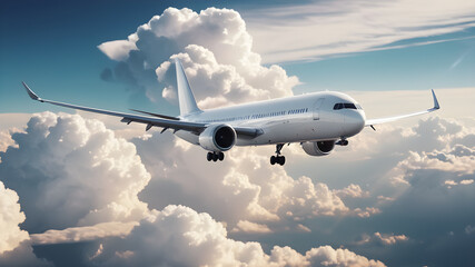 passenger plane flying through clouds in the sky, Generative AI