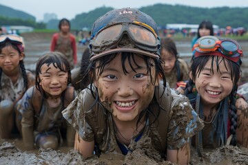 Children Having Fun in Mud at Boryeong Mud Festival Celebration