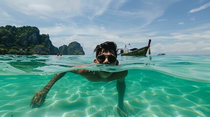 Man Swimming in Crystal Clear Water Near Tropical Island with Boat and Scenic Background