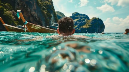 Man Enjoying a Swim in Clear Waters of Phi Phi Islands