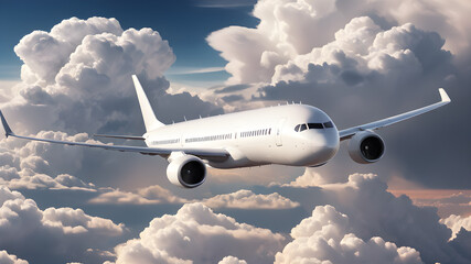 Fototapeta premium passenger plane flying through clouds in the sky, Generative AI