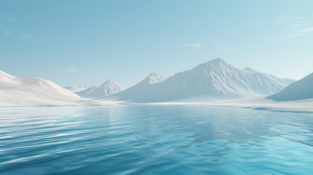 A tranquil scene featuring a nearby water surface and distant mountains, all bathed in a soothing blue hue, evoking a sense of sophistication and serenity