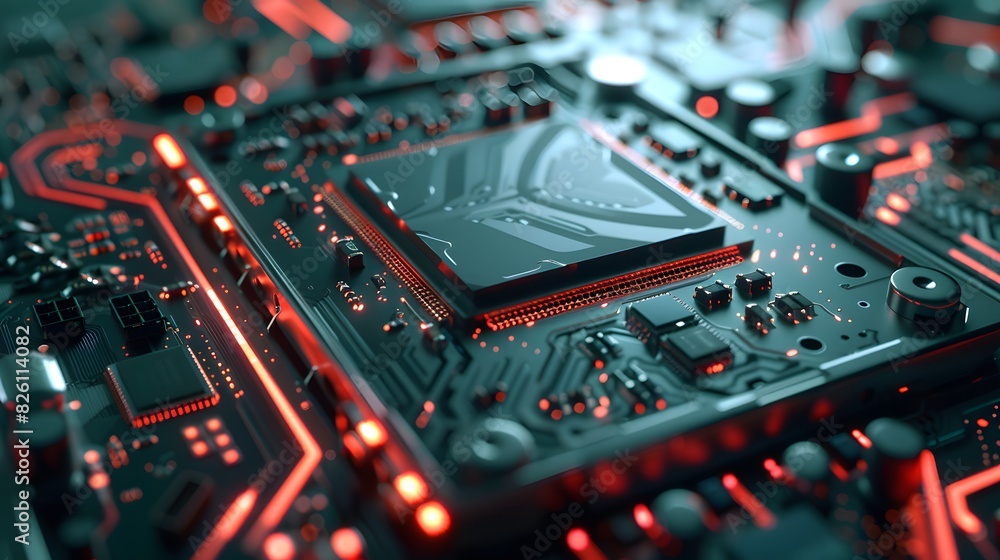 Poster a 3d rendered macro a gpu, featuring the detailed texture of its memory modules, power connectors, a
