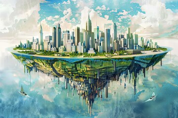 Fototapeta premium Floating Futuristic City with Inverted Skyscrapers and Sailboats in a Serene Sky