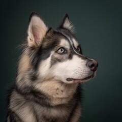 Obraz premium Alaskan Malamute dog on minimalistic colorful background with Copy Space. Perfect for banners, veterinary ads, pet food promotions, and minimalist designs.