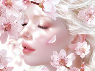 A woman with striking white hair adorned with delicate pink flowers, exuding charm and beauty.