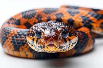 Fototapeta premium This detailed image showcases a close-up of a coiled, patterned snake with emphasis on its scales and eyes