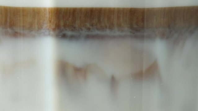 Coffee flows into frothy milk and slowly descends, close-up view. Zoom in