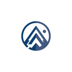 mountain logo landscape with rocks at sunrise, Sea and Sun for Hipster Adventure Traveling logo