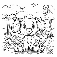 Cute baby animal coloring page, playful Koala and Bunny friends clipart. Hand-draw animal for kid coloring book