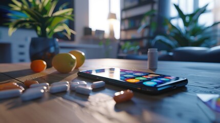Smartphone Amidst Medication and Vitamins on Modern Desk