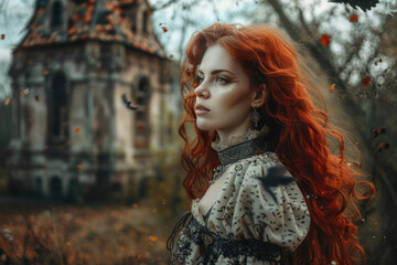 Fototapeta premium Enchanted red-haired woman in Victorian dress in mystical landscape