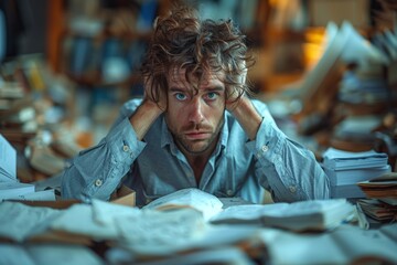 A man with wild hair and startled expression is surrounded by chaos of papers in a study environment