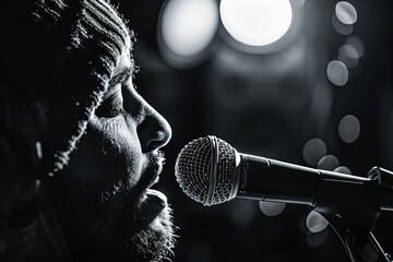 Close-up of a soulful singer performing passionately with a microphone