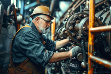 Maintenance engineer working on industrial machinery with safety gear
