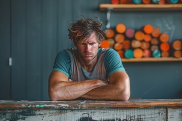 A forlorn man leaning on a table in contemplation with a background of colorful paint cans