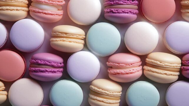 weet macaroons with appetizing looks with various color, image video HD 4K a background for national macaron day and world food day