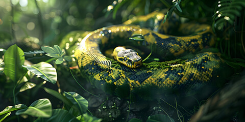 Vibrant Python Logo Set Against Dense Jungle Foliage, Exotic Jungle Scenery Featuring Python Logo