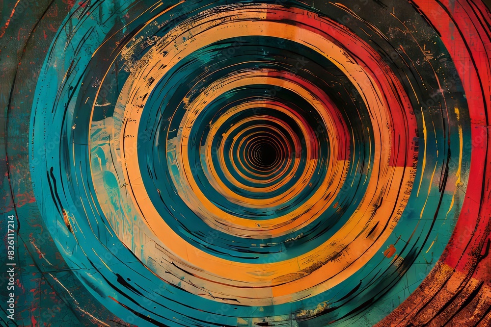 Poster an abstract painting featuring concentric circles in vibrant colors, creating a dynamic and eye-catc