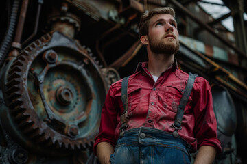 Confident young mechanic standing in industrial factory setting