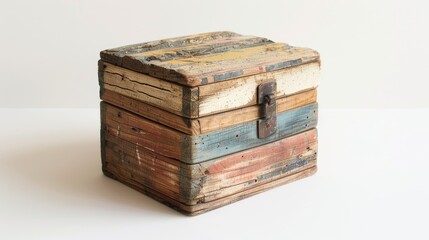 Wooden box with paint on it placed on a white background