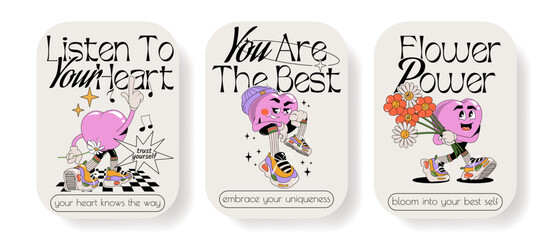 	
Retro funny posters with motivational walking characters heart. Lettering illustration for t-shirt print. Self love concept, quotes about love yourself