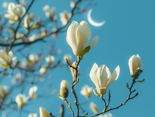 In the blue sky, several white magnolia flowers bloom on trees with a small crescent moon in the...