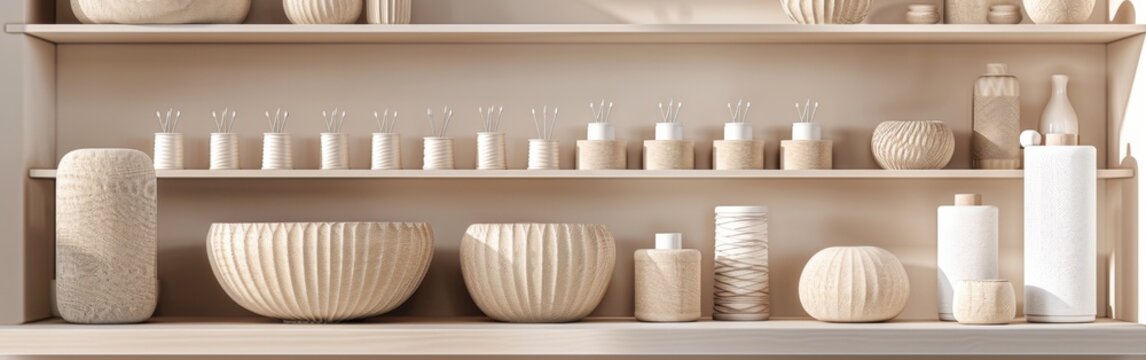 Multiple white vases arranged neatly on a shelf in Lipik Crafting space.