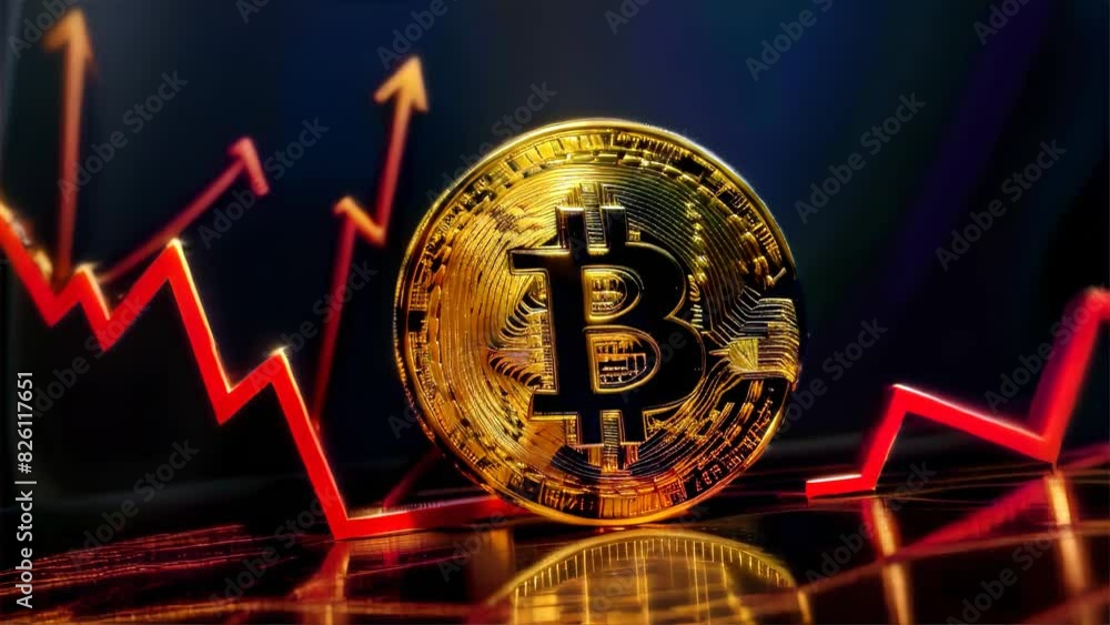 Poster a golden bitcoin coin in front of a fluctuating red and green market graph on a dark reflective surf