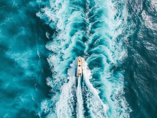 A boat going through the center of an ocean wave, bird's eye view, turquoise water, aerial photography, symmetrical, hyper realistic in the style of drone shot, sharp focus