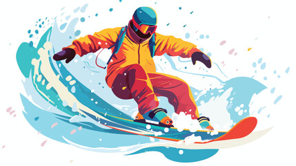Man in snowsuit riding snowboard. Guy in seasonal 