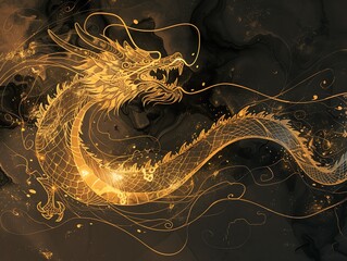 simple lines drawing, Chinese dragon, gold light, free-flowing lines