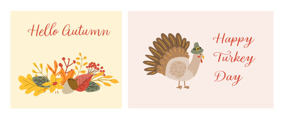 Fototapeta na wymiar Autumn fall thanksgiving animal character with fall leaves and harvest. Wild animal greeting card for thanksgiving holiday, autumn festival, harvest celebration design.