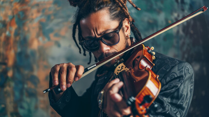 Fototapeta premium Close-up of musician playing violin with passion and intensity