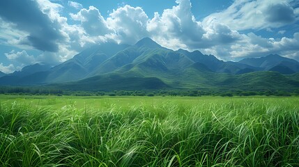 A refreshing green field of tall grass swaying in the wind, with a backdrop of majestic mountains