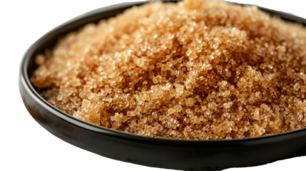 A black bowl is filled with brown sugar, creating a sweet and granulated texture against the dark container