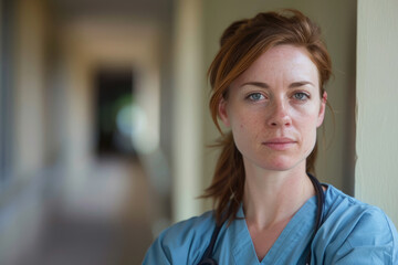 Fototapeta premium Confident nurse in scrubs with stethoscope standing in hospital corridor