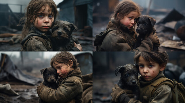 In a brutal war, a child holds a small dog in his arms and looks at it, his face and hands are dirty, high-resolution, illustration of a child.