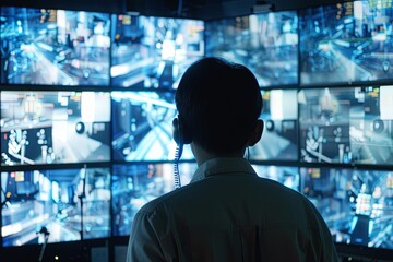 A man is standing in front of multiple television screens