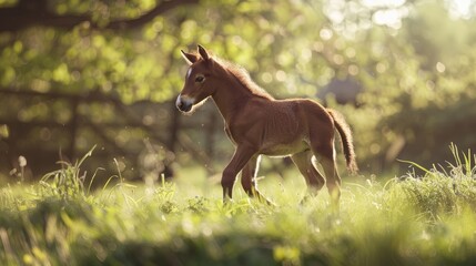 Fototapeta premium Newborn chestnut foal frolicking in the fresh grass