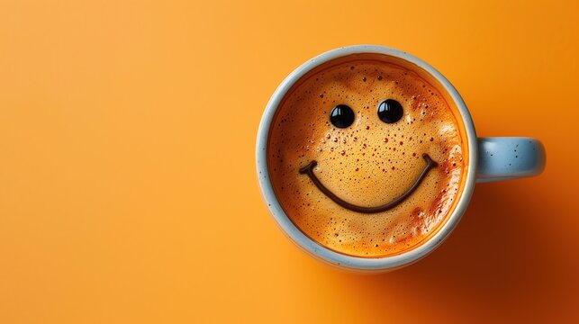 top view cup of coffee with smile face on coffee surface, copy space for text, isolated on yellow color background