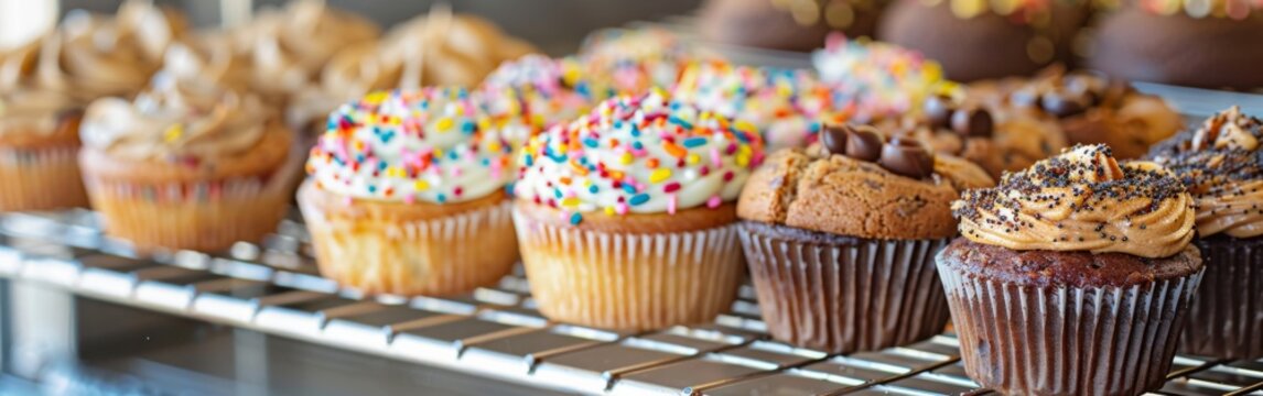 A variety of freshly baked cupcakes displayed on a metal rack at Lipik Family bakery.