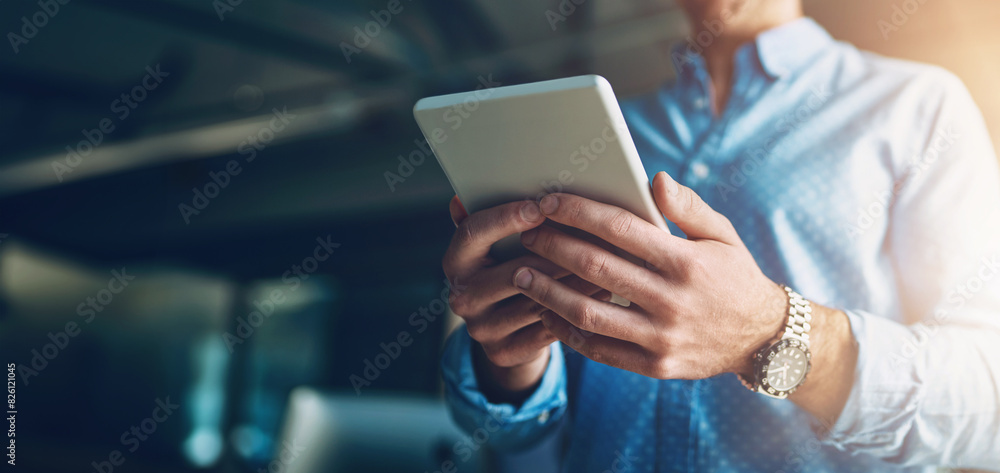 Poster business man, tablet and hands in office with technology, reading and research for content creation 