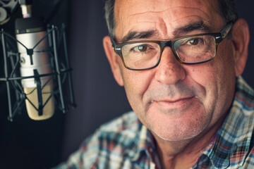 Radio personality in studio with microphone and eyeglasses