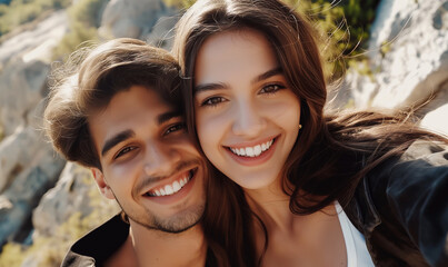 A young couple in love takes a selfie. Against the backdrop of summer nature. Selfie against nature background.