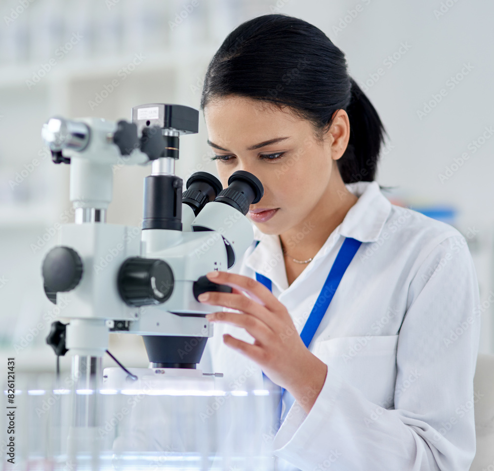 Poster scientist, innovation and microscope for medical or research, experiment and data analysis in labora