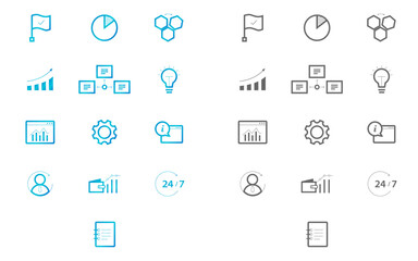 icones-web Set of vector icons for website and mobile applications: flag, cell, graph, lightbulb, browser, information, settings, purse, payment, user, client, document, 24/7, colors: blue gradient