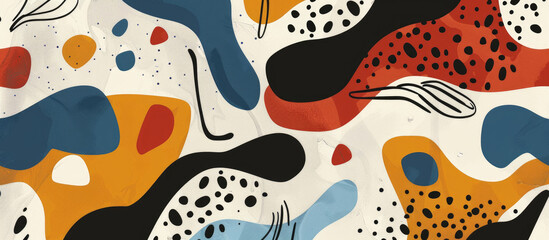 Abstract shapes and lines in various colors of beige, orange, pink, teal and yellow, hand drawn in doodle style