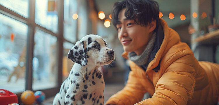 professional dog training, an asian dog trainer gently instructing a dalmatian puppy in a bright training room with toys, focusing on basic commands
