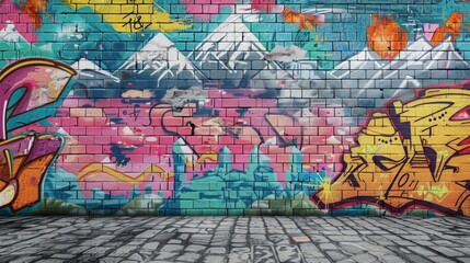 Retro Pop Art Comic Street Graffiti with Mountain on Brick Wall: Vibrant Landscapes Poster
